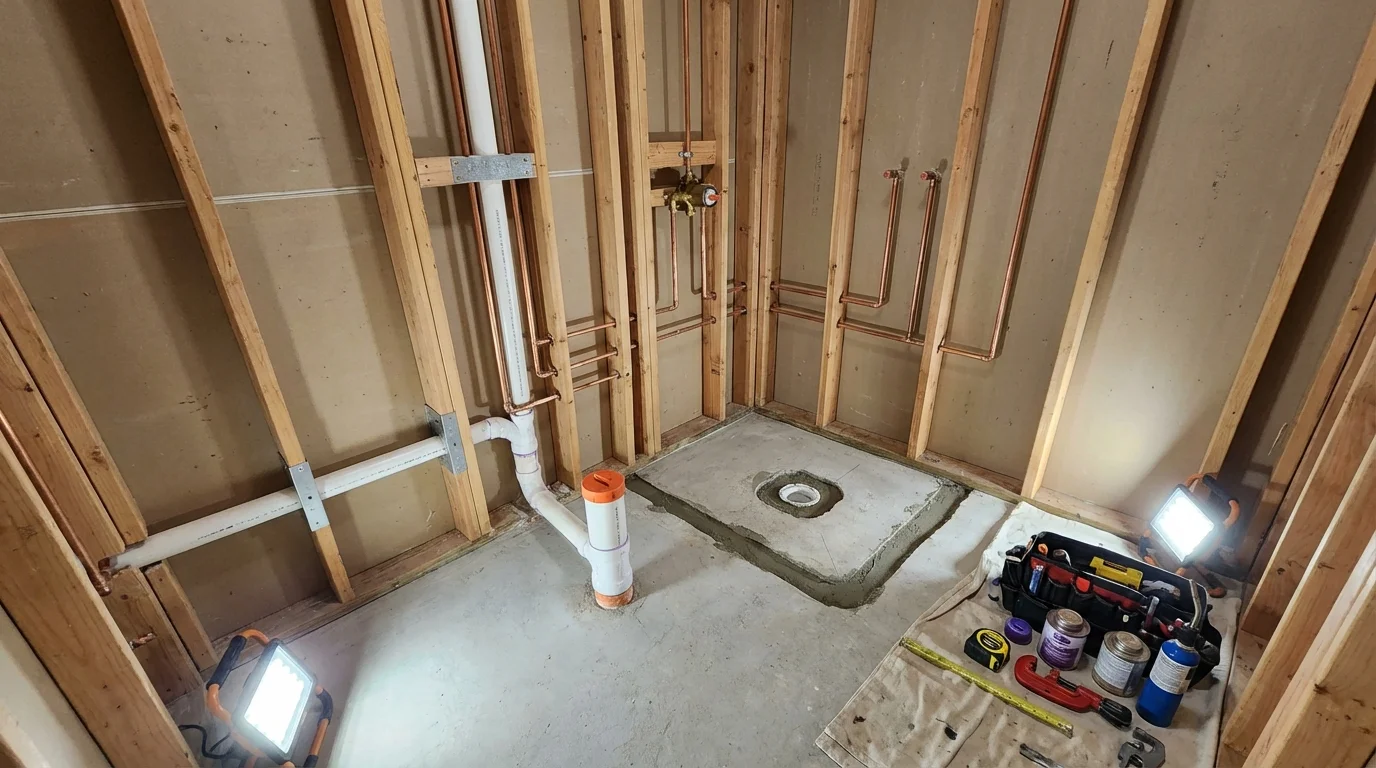 Bathroom rough-in plumbing during remodel by Johns Plumbing LLC in Rose Hill