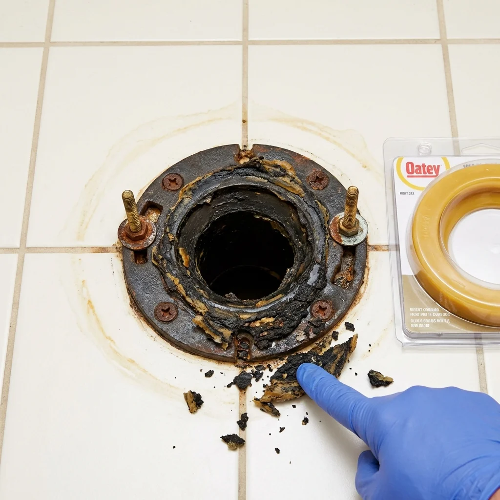 Failed wax ring showing water seepage at the base of a toilet in a Rose Hill, NC home