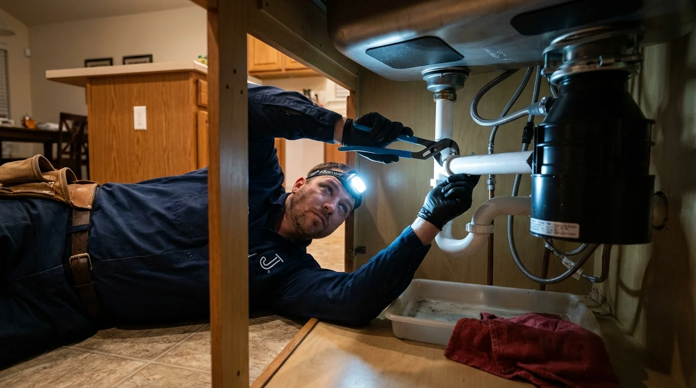 P-trap and supply line connections under a kitchen sink showing a common leak point in Rose Hill, NC